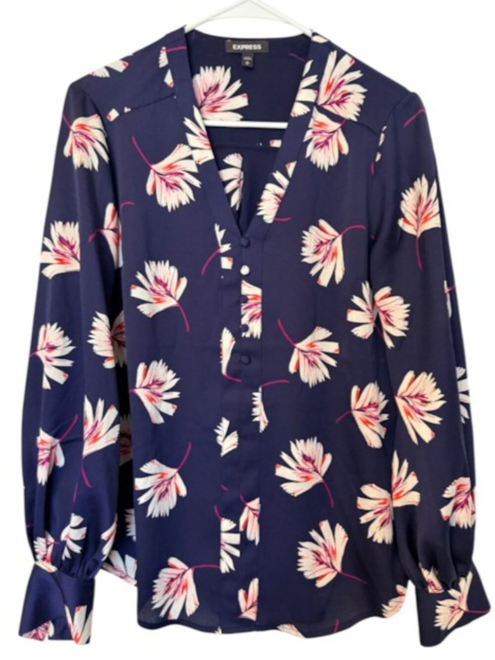 Express Portofino Navy Floral Button Front Blouse Womens Size M Cottagecore